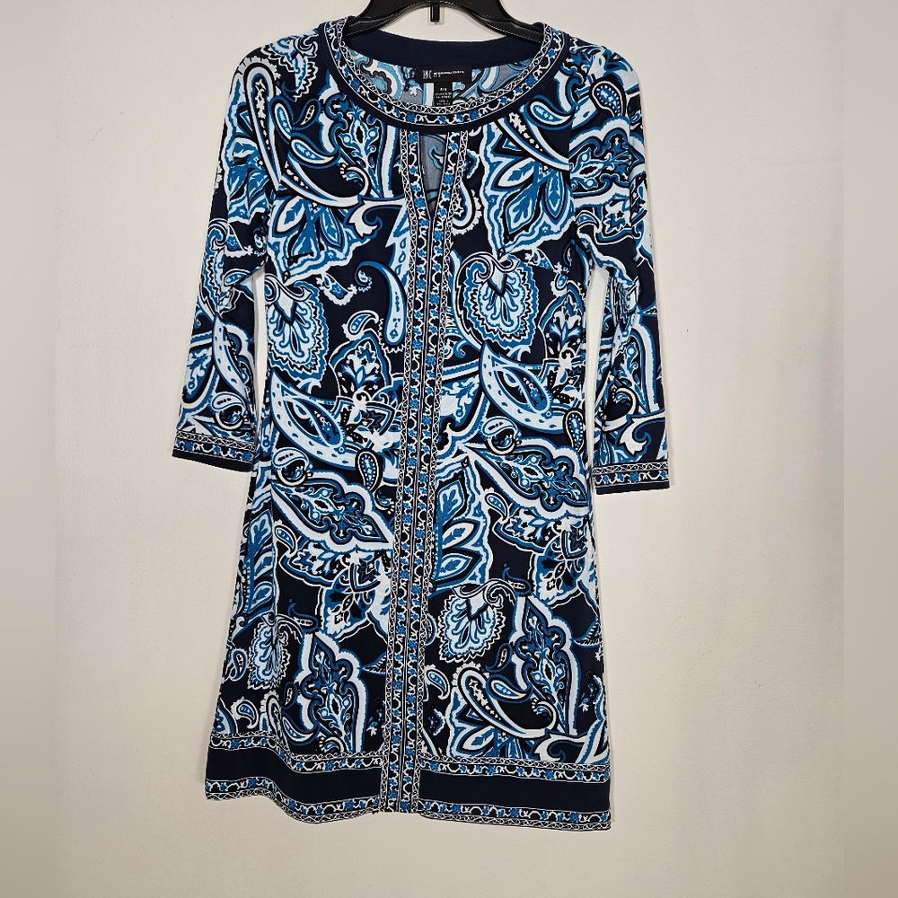 INC Silky Stretch Dress Blue Paisley Long Sleeve Keyhole Neck PS Wrinkle Free